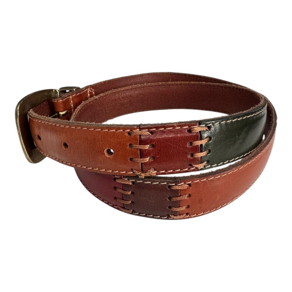 Fossil Leather‎ Belt Mens Large Brown Red Green Patchwork Stitch Vintage Style
